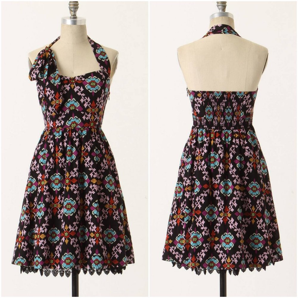 Anthropologie Primula Dress halter Edme & Esyllte size 6 S M tile print smocked